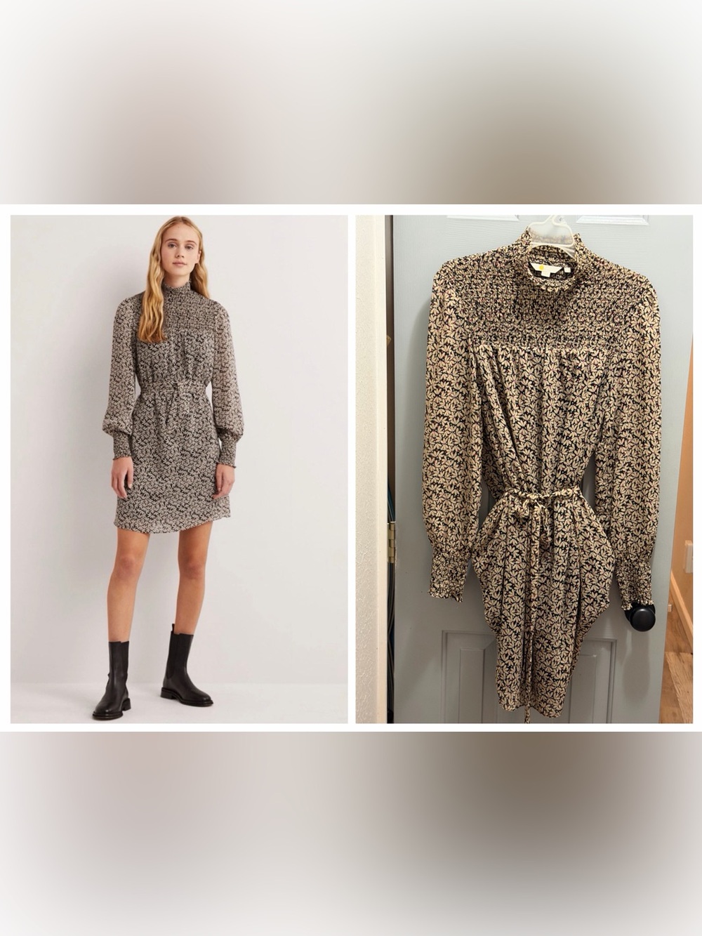 Boden Cream Black Smocked Yoke Metallic Dress Petal Print Women’s Size 8 R